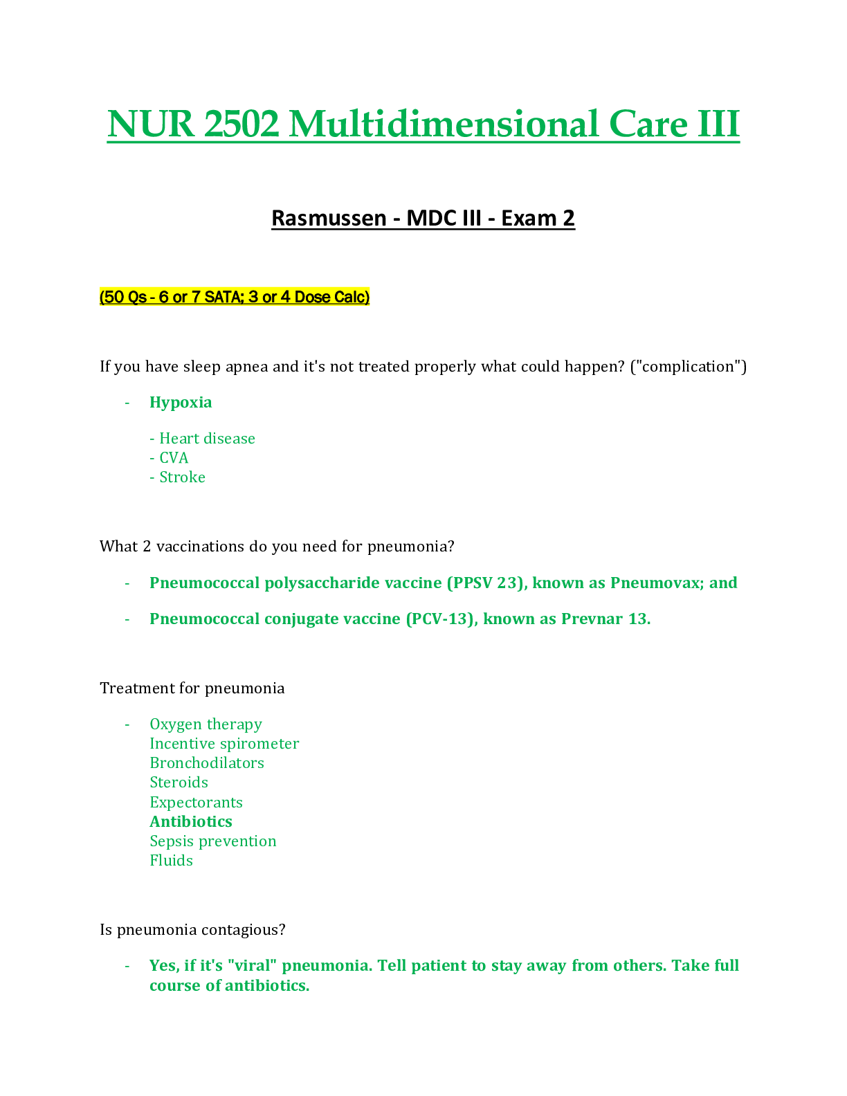 NUR 2502 / NUR2502 Multidimensional Care III / MDC 3  Exam 2 Updated:  - Rasmussen